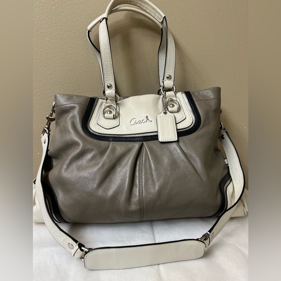 Coach Handbags - Coach Ashley Taupe and Cream Leather Shoulder Bag